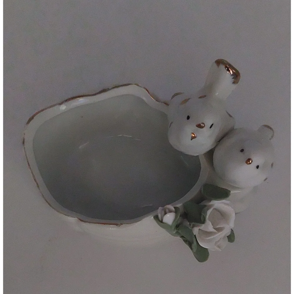 Vtg Porcelain Trinket Dish Planter Dove Birds Raised Flowers White Gold Trim